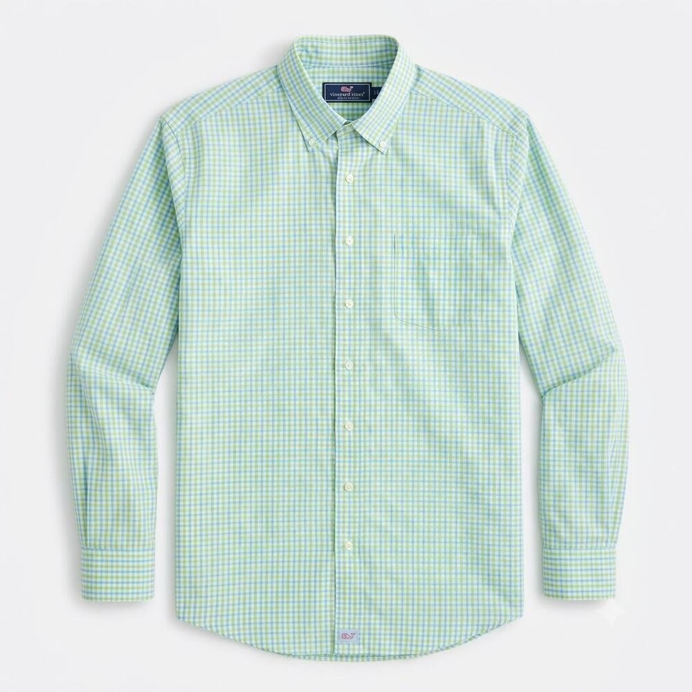 Vineyard Vines Murray Long Sleeve Shirt Green Blue Plaid Cotton Preppy Mens XL
